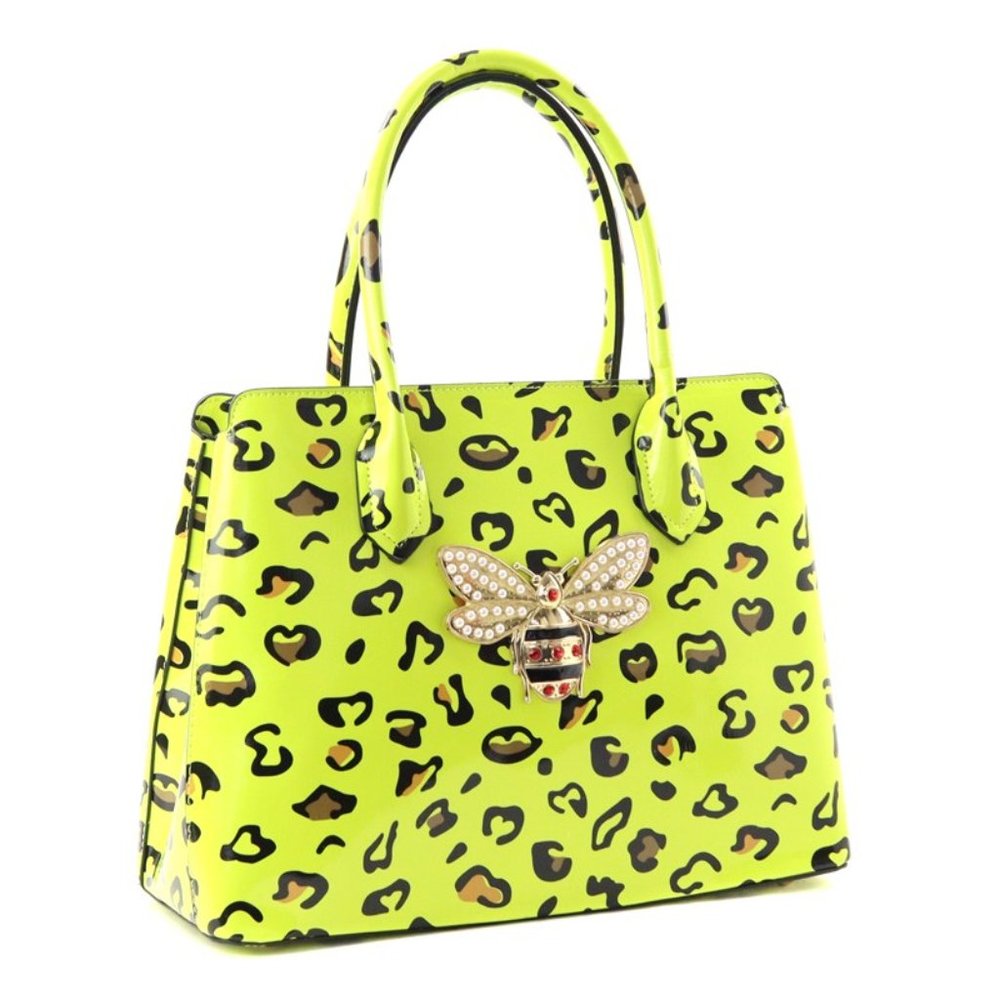Neon Yellow Fashion Faux Leather Patent Neon Cheetah Print Bumblebee Handbag